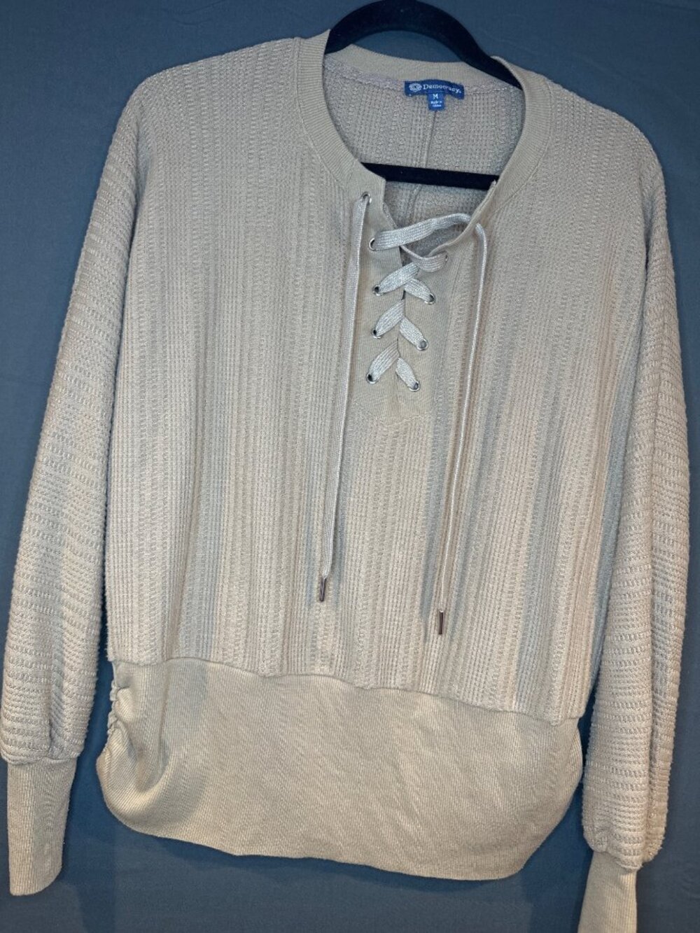 Democracy Women’s M Cream Lace Up Knit Sweater Sparkle Ribbon Textured Pullover